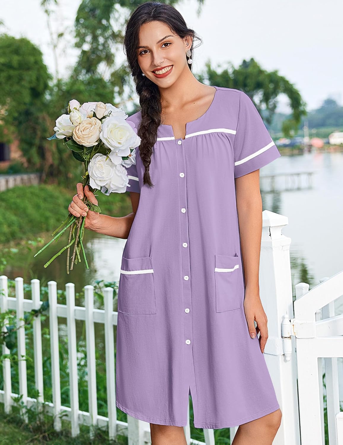 Lavender cotton button-down nightgown, short sleeves, front pockets, curved hem