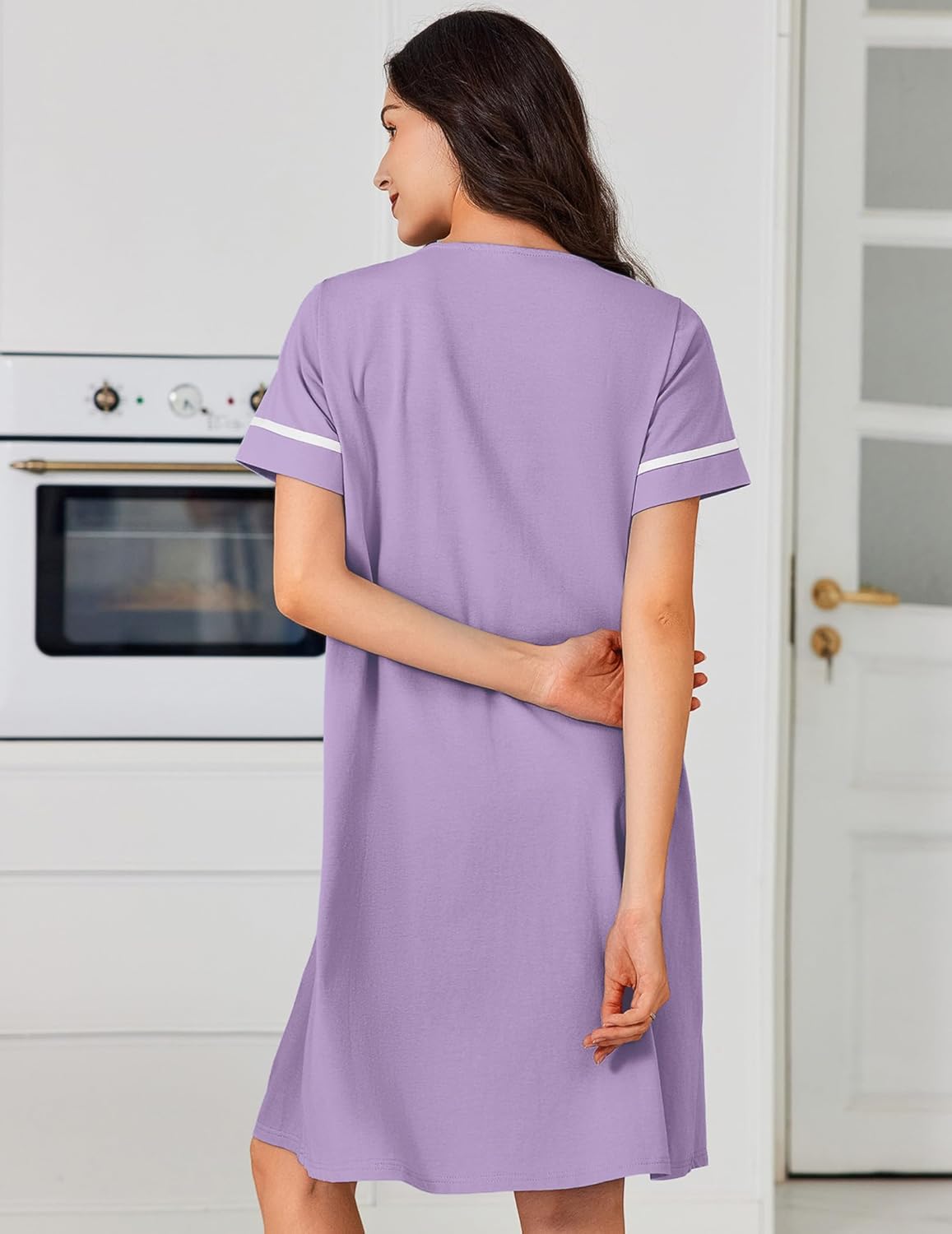 Lavender cotton nightgown dress, back view with short sleeves