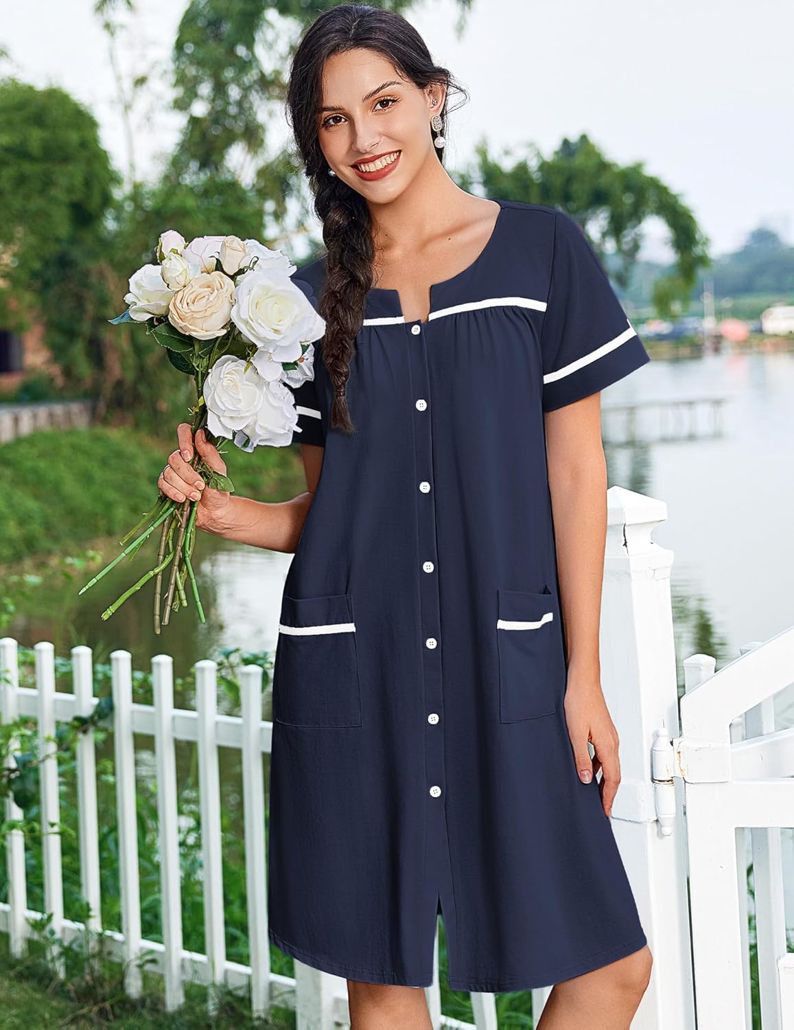 Cotton button-front nightgown with pockets, short sleeves, navy with white trim