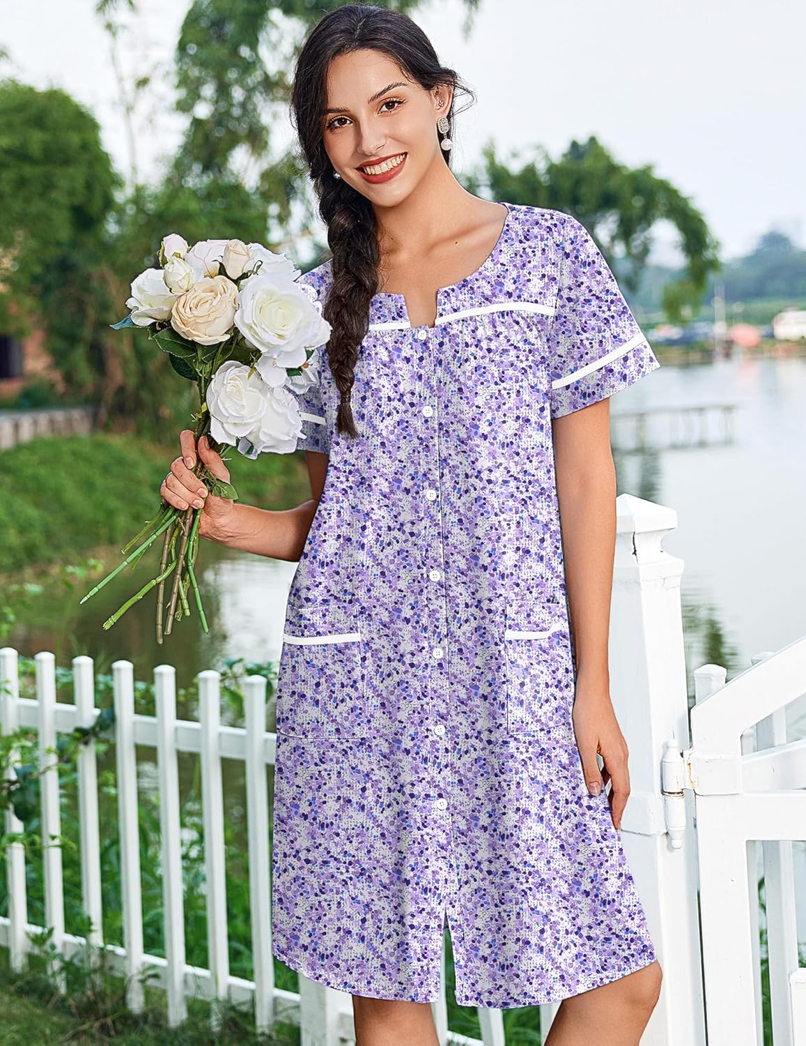 Front view of cotton button-front nightgown with pockets, short sleeves, purple floral