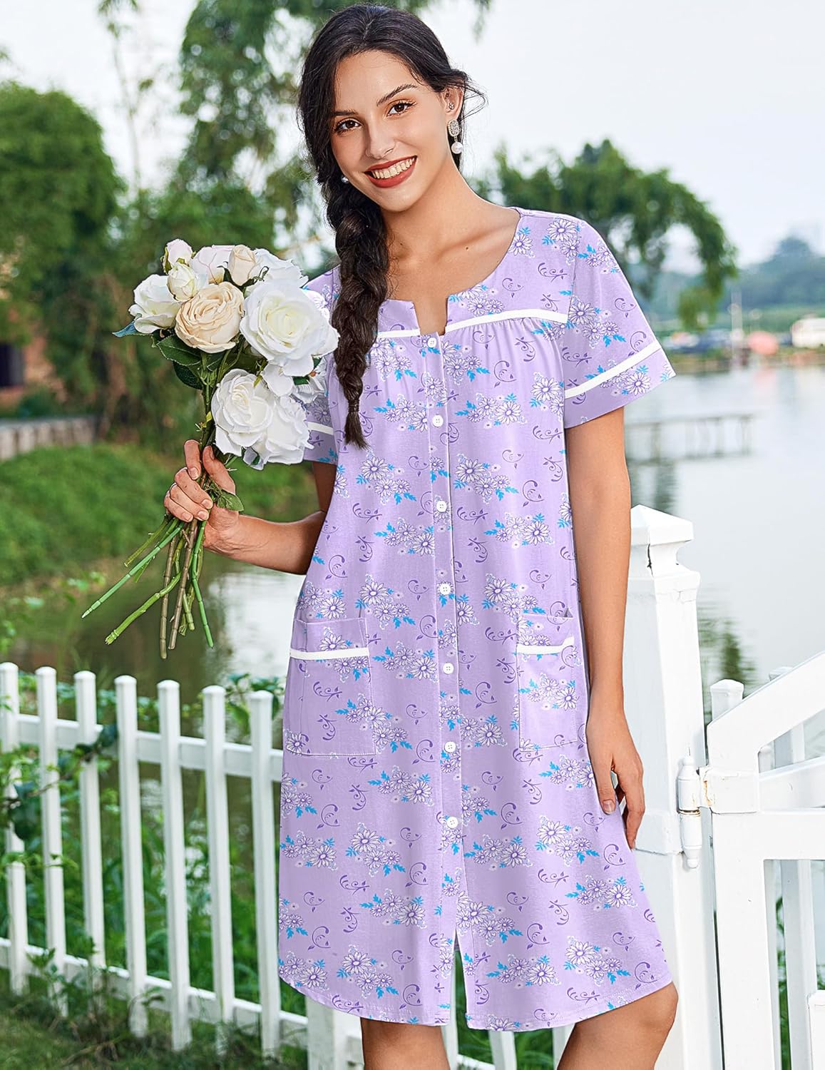 Lilac floral cotton button-down nightgown with short sleeves and side pockets