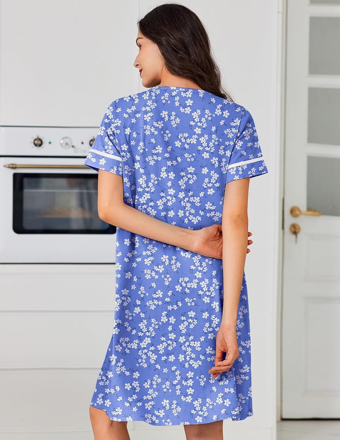 Cotton nightgown dress, light blue floral print, back view, short sleeves, button-down style