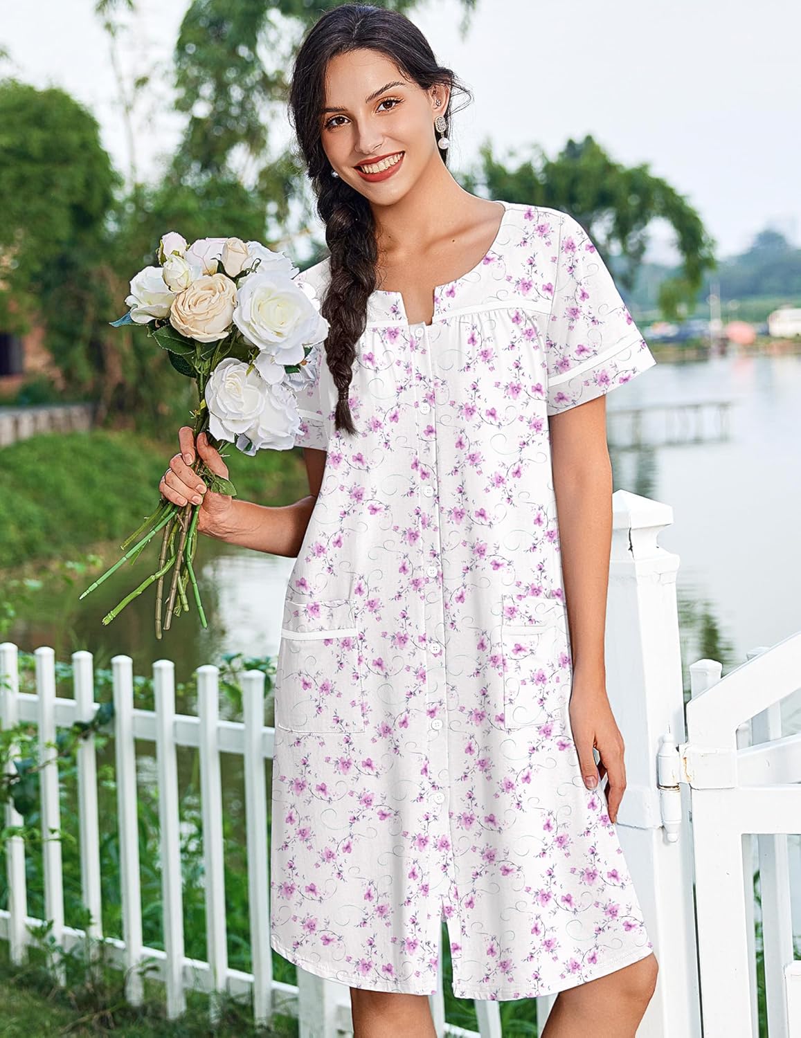 Cotton nightgown dress, white with pink-purple floral print, round neckline, short sleeves