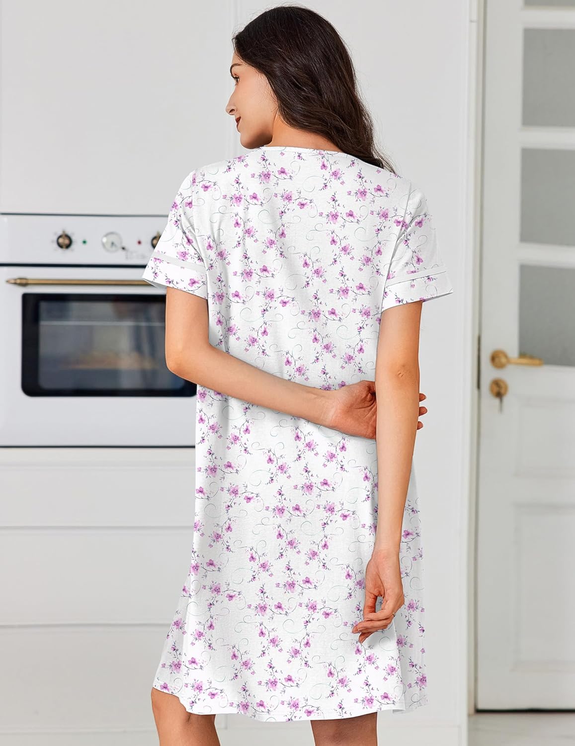 Cotton nightgown dress, white with purple floral print, back view, short sleeves, button-down style