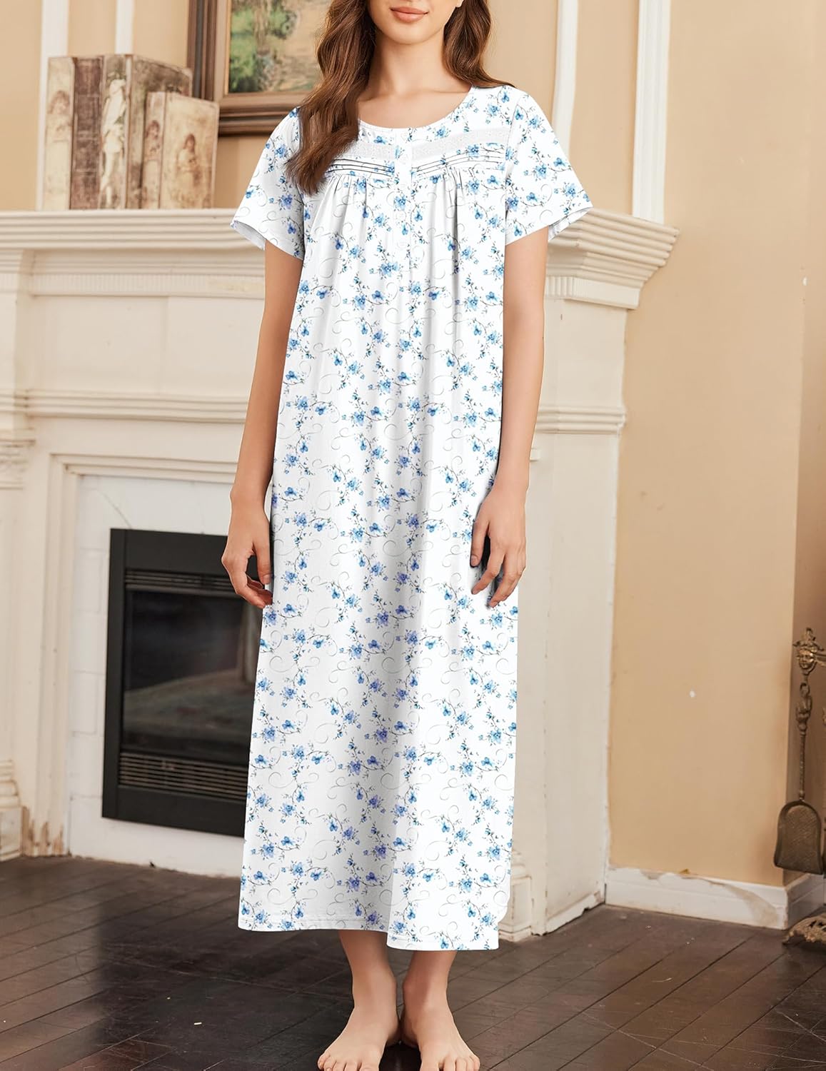 Cotton long nightgown with short sleeves, white base blue floral print