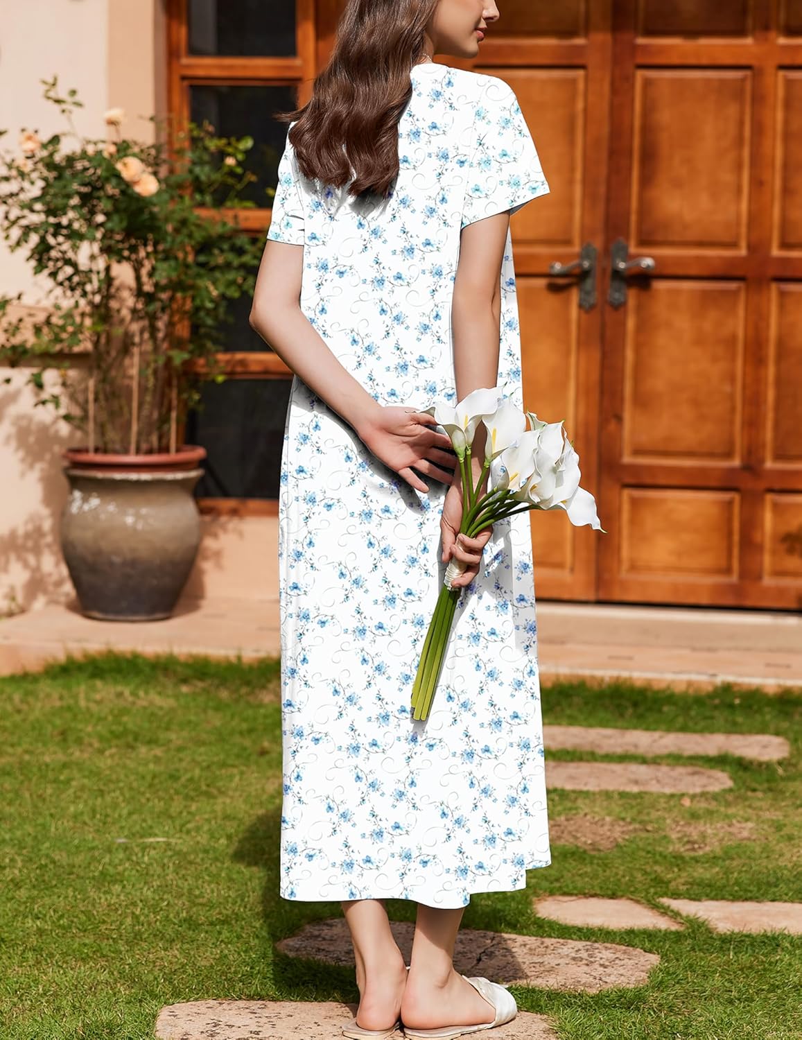 Cotton long nightgown with short sleeves, blue floral print back view
