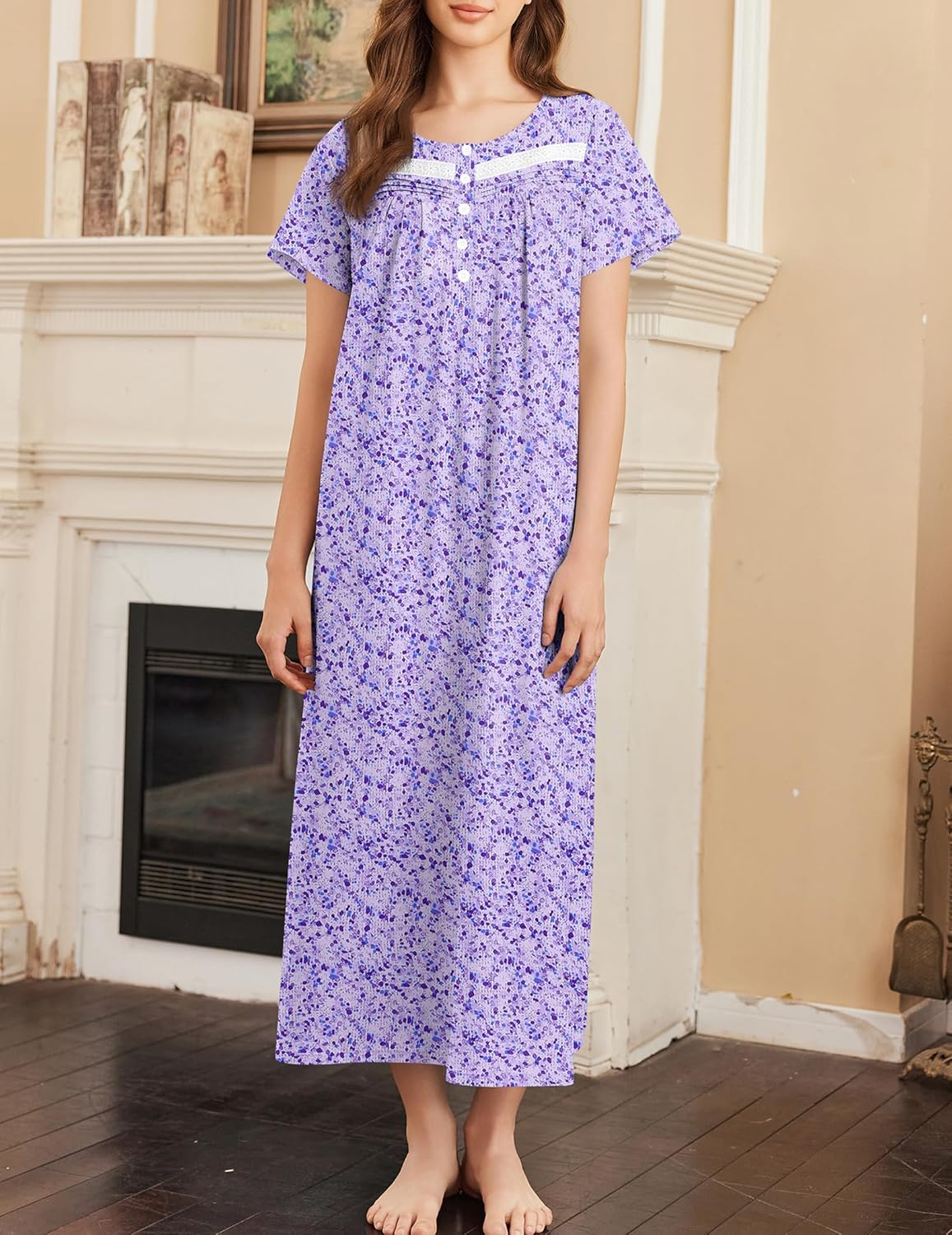 Cotton long nightgown, short sleeves, button front, light purple floral print