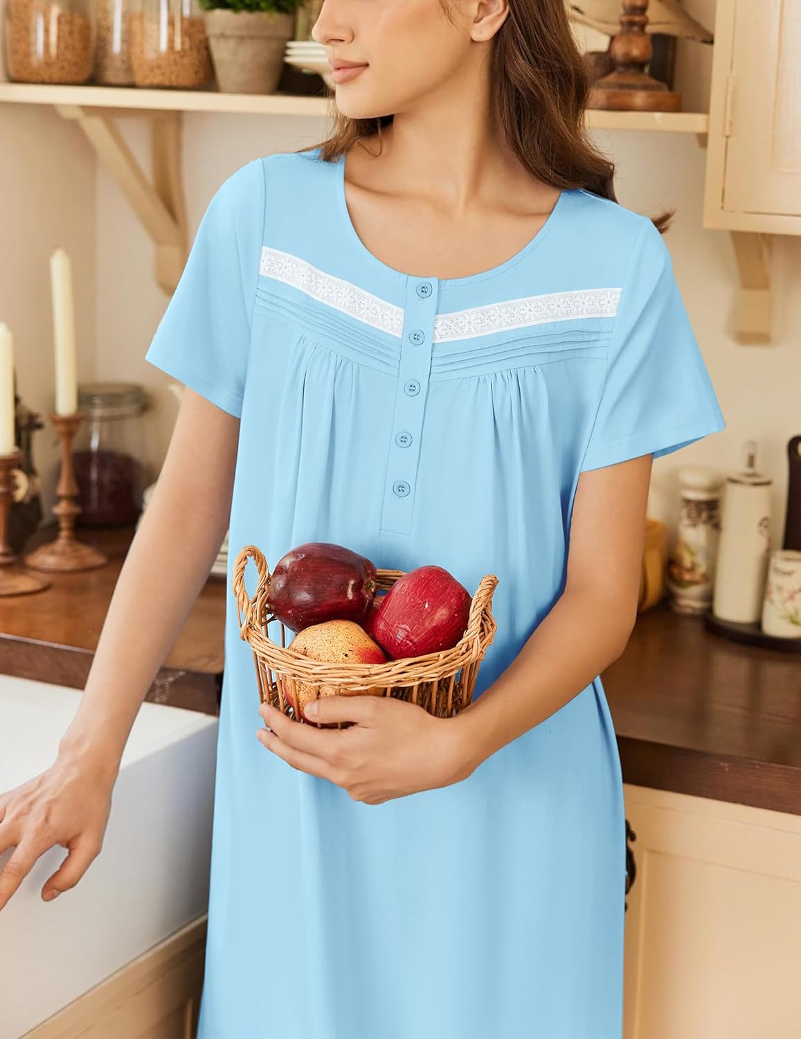 Light blue short-sleeve nightdress with button placket and lace-trim chest detail