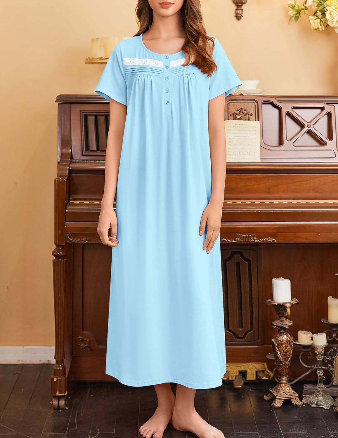 Cotton long nightgown, light blue, short sleeves, button front, lace yoke, side pockets