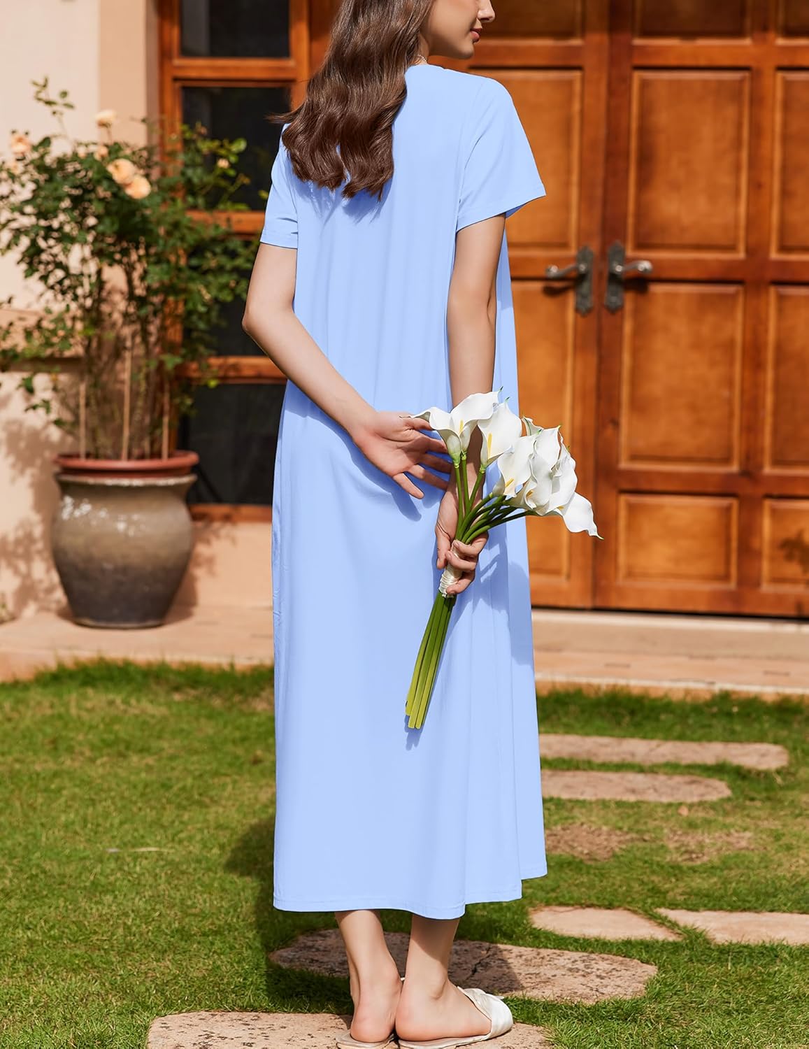 Cotton long nightgown, light blue solid back view with short sleeves