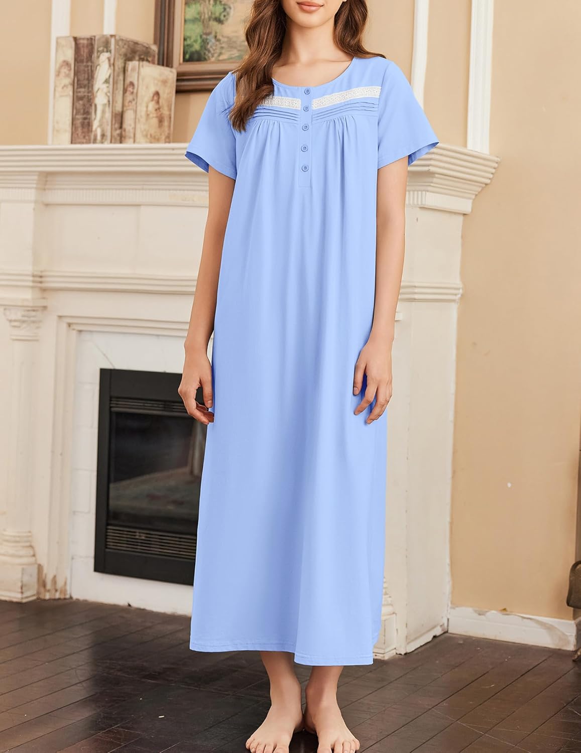 Cotton long nightgown, light blue solid color with button front and round neckline