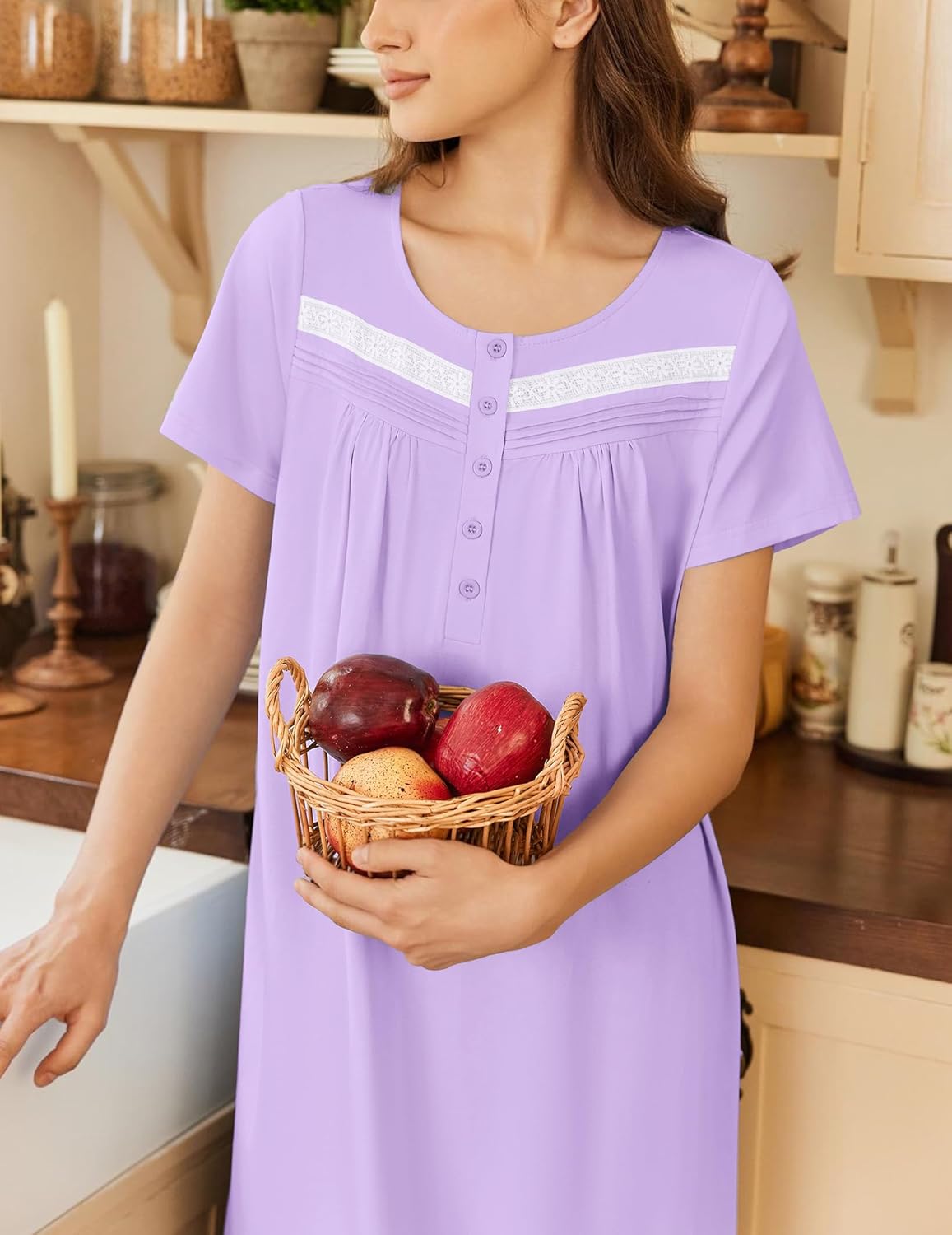 Cotton long night gown with short sleeves, button front, lavender, side pockets