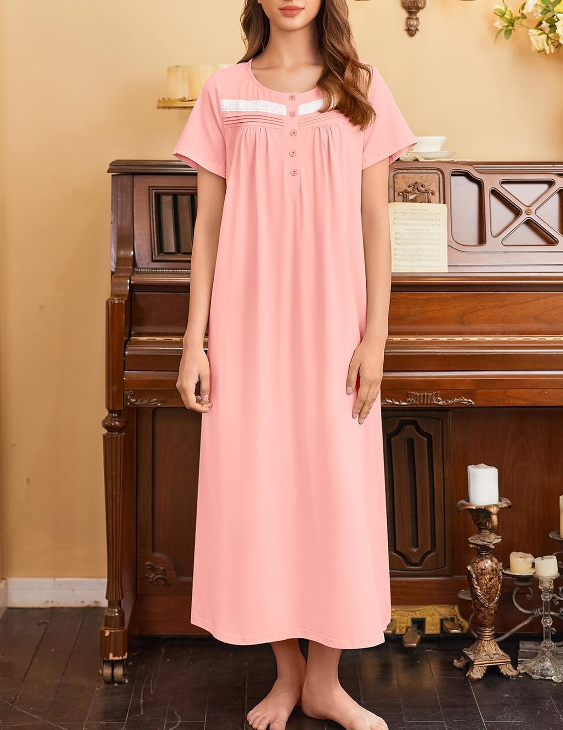 Cotton long nightgown, light pink solid with button front and lace-trimmed yoke