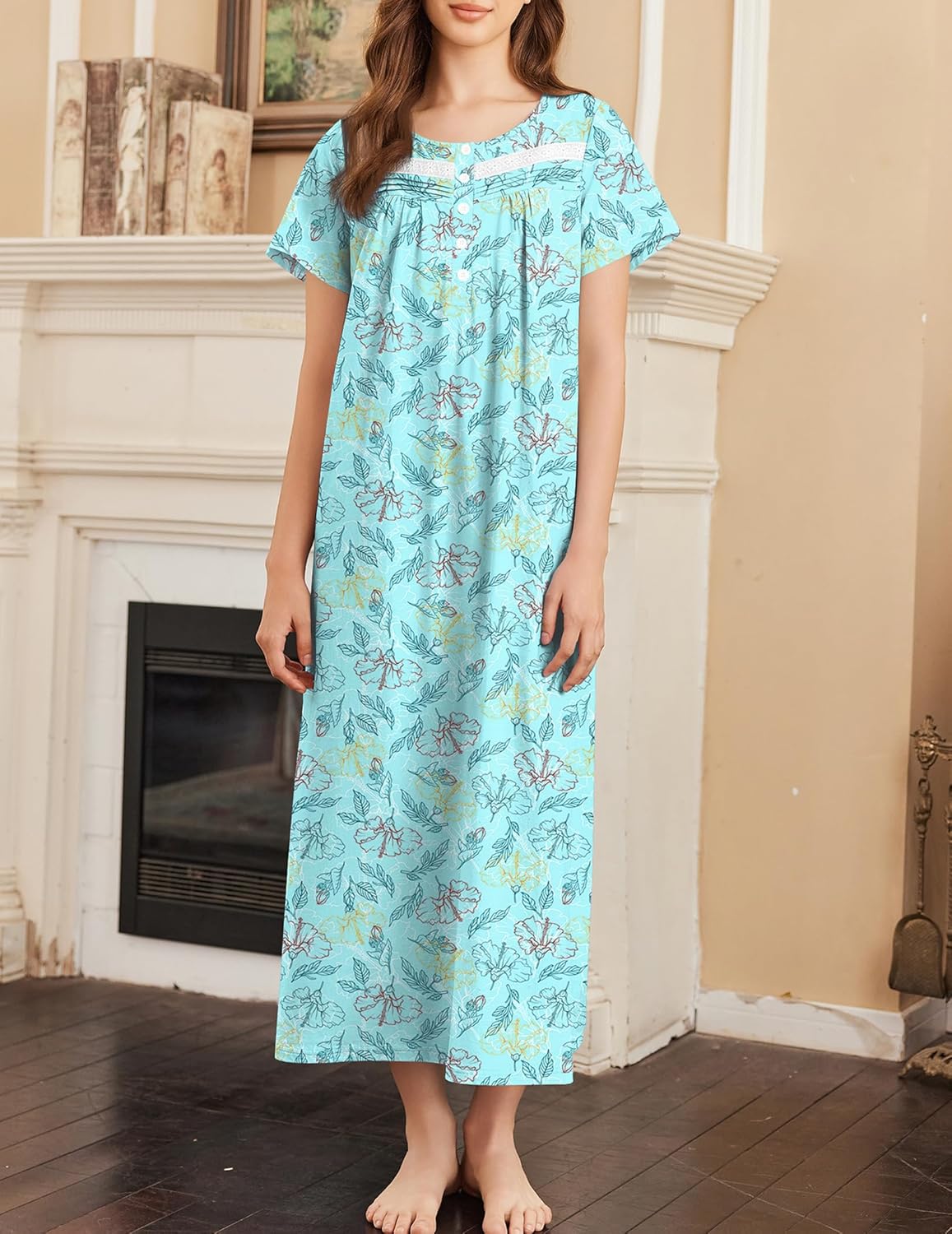 Cotton long nightgown, light cyan with leaf pattern, short sleeves, button-front neckline