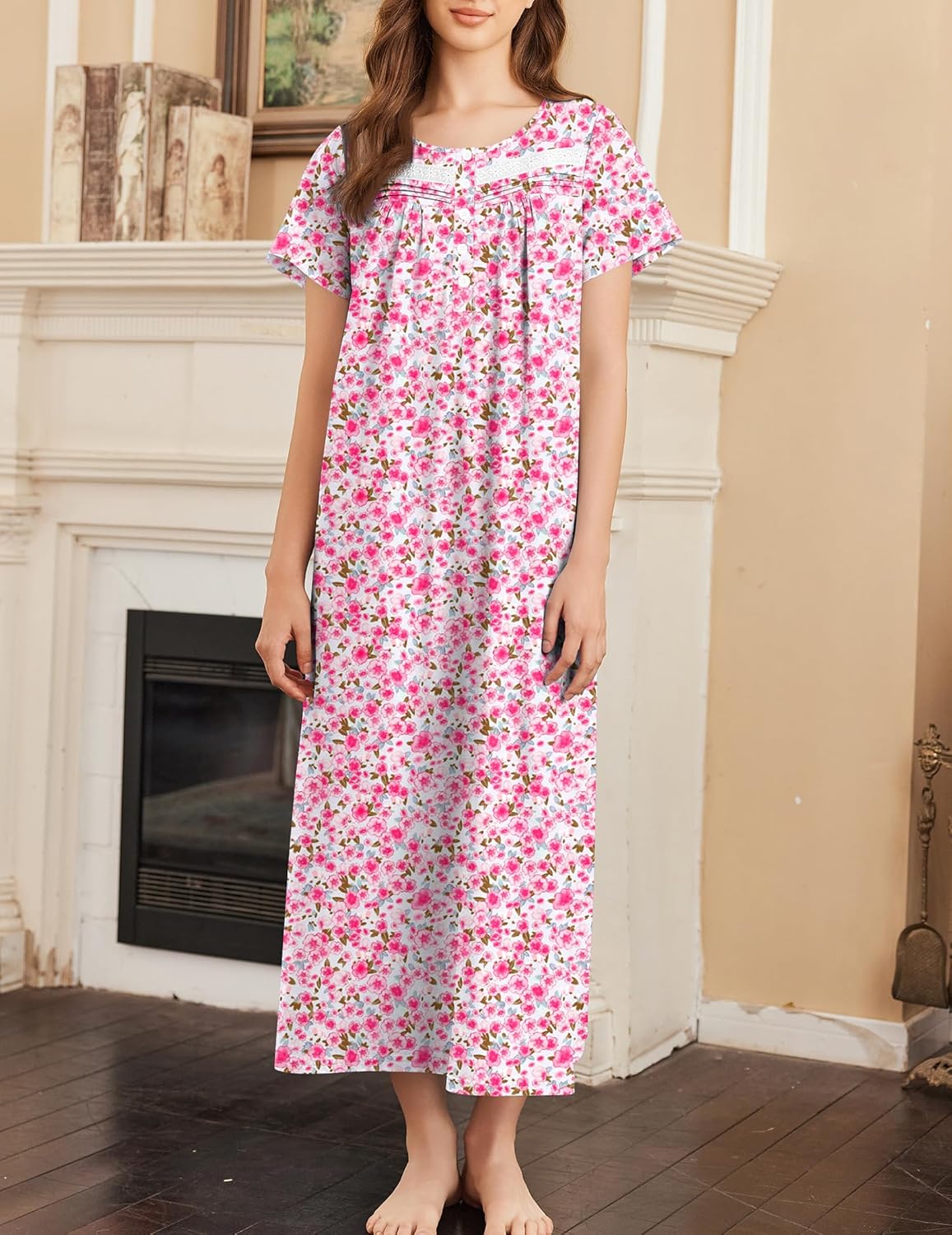 Cotton long nightgown, pink floral print, short sleeves, gathered neckline and button detail