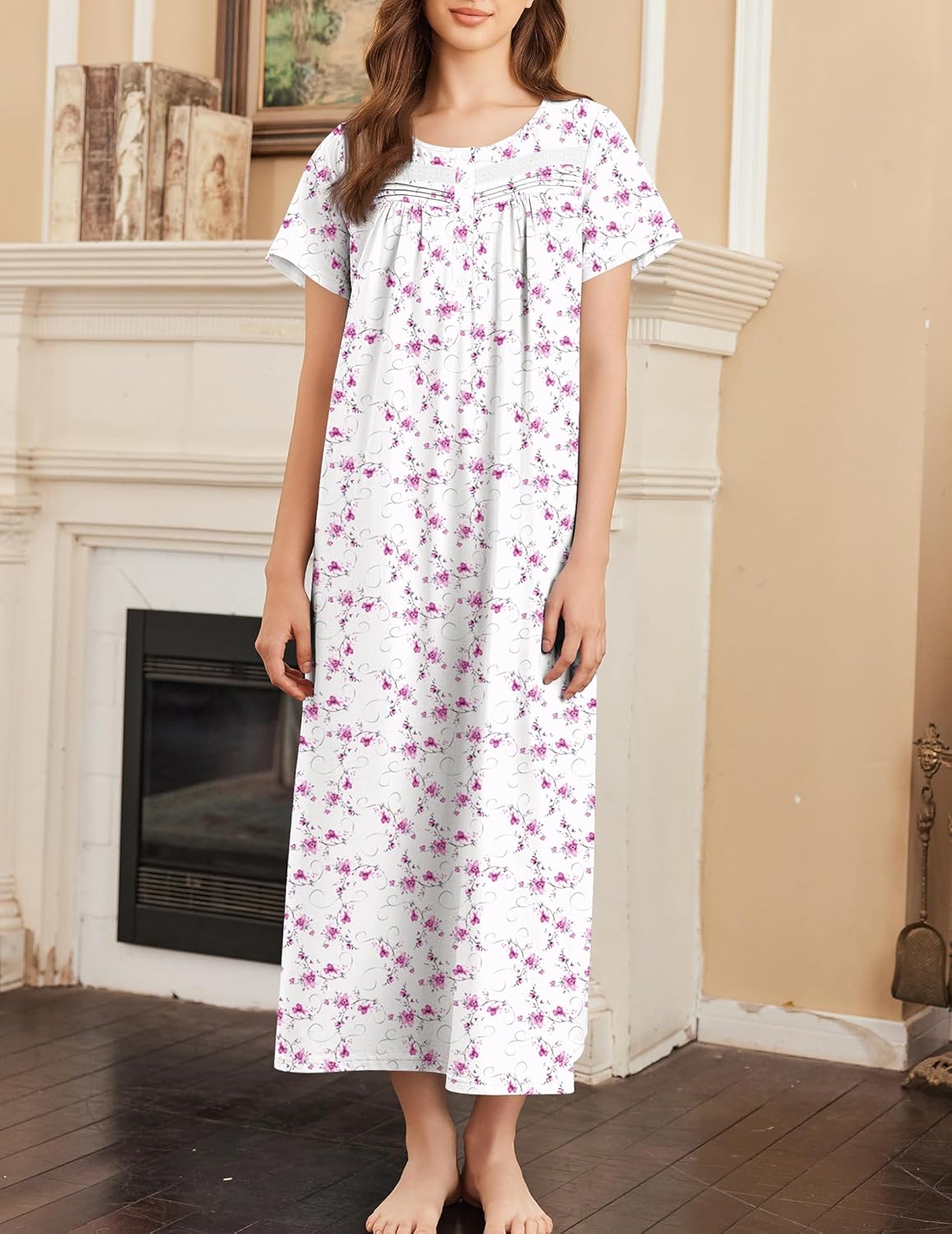 White nightgown with small pink floral print, short sleeves, gathered button-front yoke