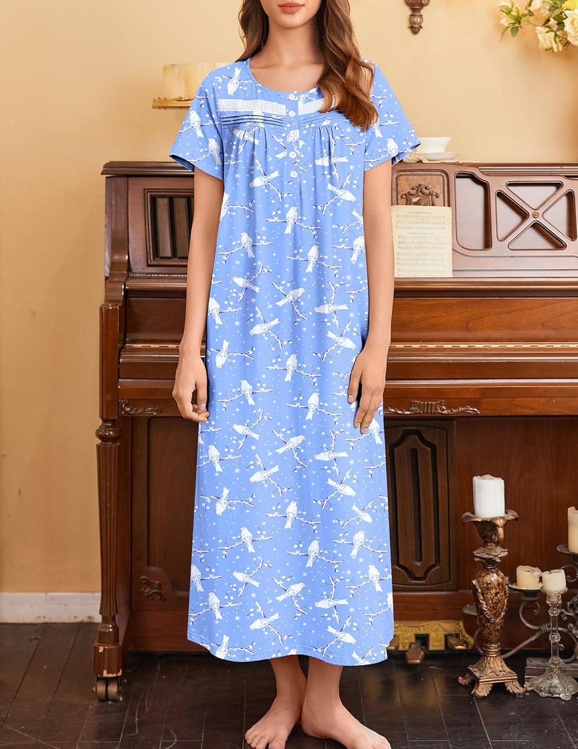 Cotton long night gown, short sleeves, button front, blue with all-over line print