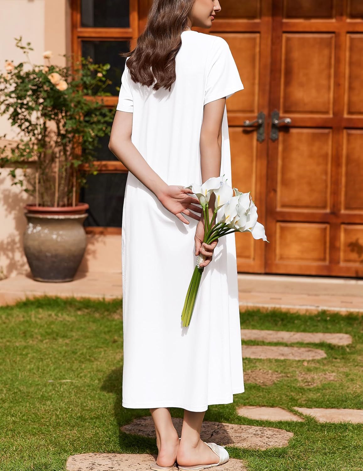 Cotton long nightgown, white solid back view with short sleeves