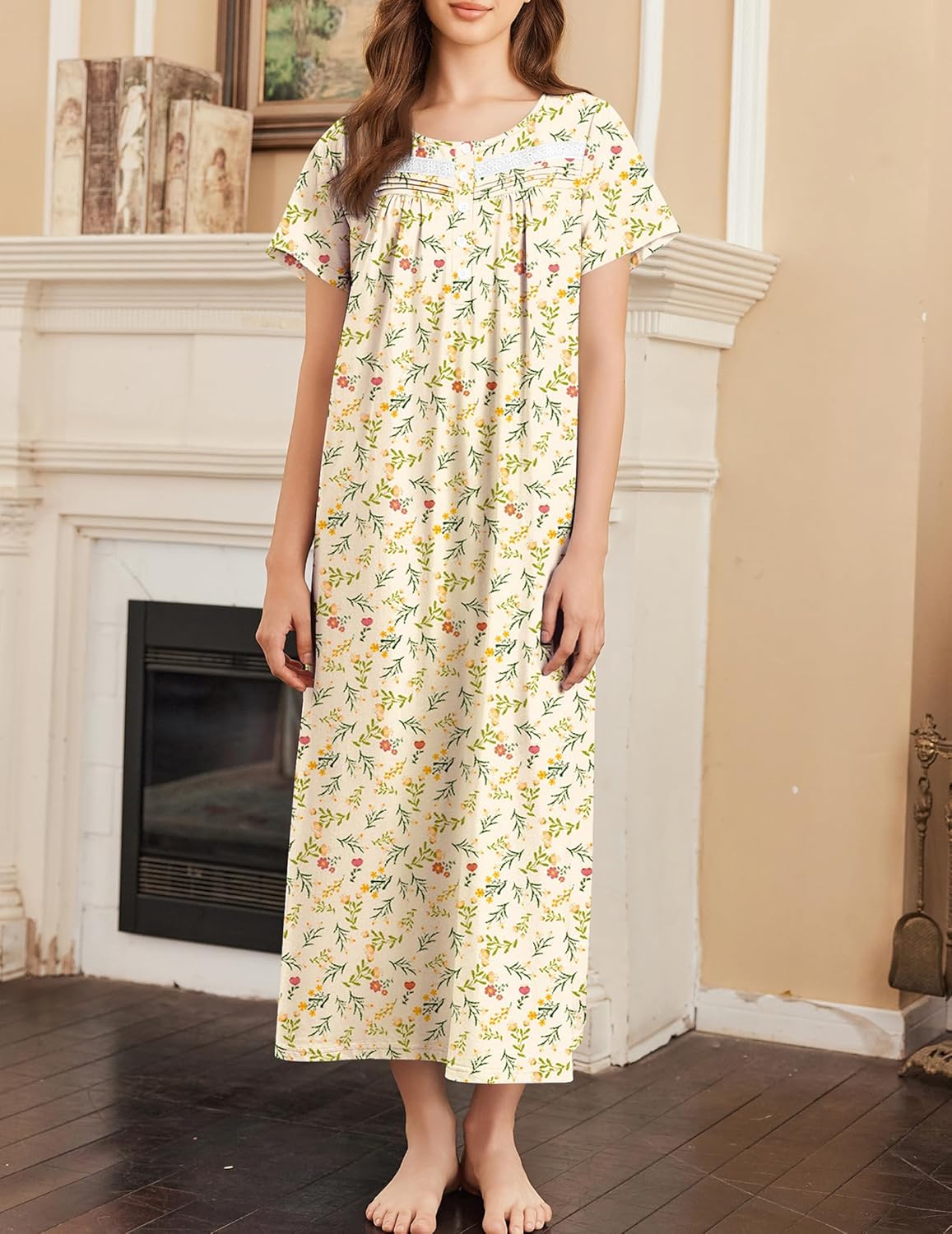 Cotton long nightgown, pale yellow with small green floral leaves, short sleeves