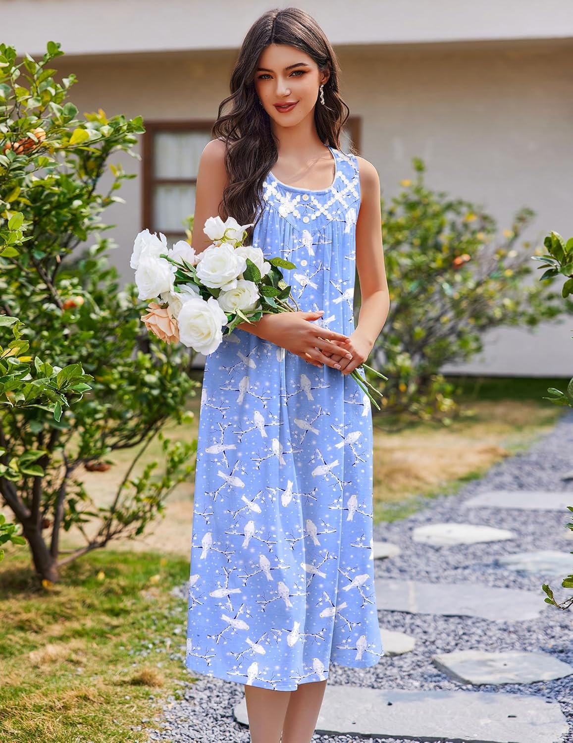 Cotton sleeveless nightgown, light blue with bird print, gathered yoke and buttons