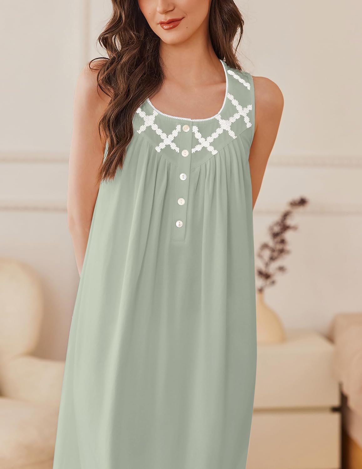 Cotton sleeveless nightgown in light green with white embroidered trim and button front