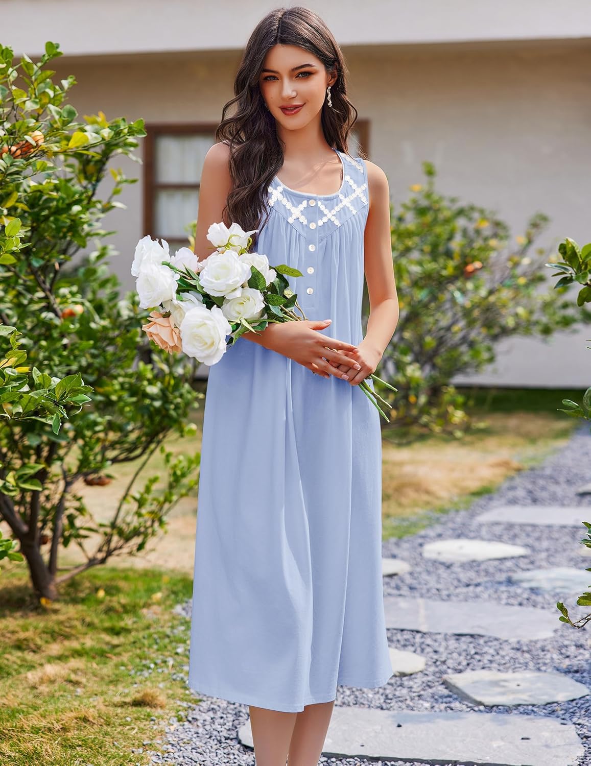 Cotton long sleeveless sleep dress in light blue with buttoned bodice
