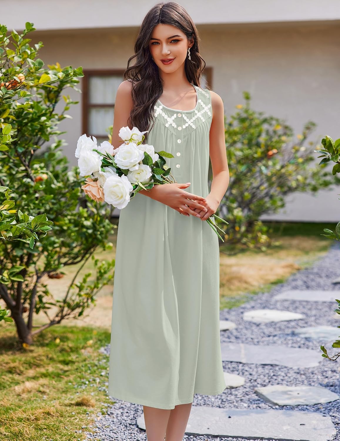 Cotton sleeveless sleep dress, light green with white floral lace neckline and buttons