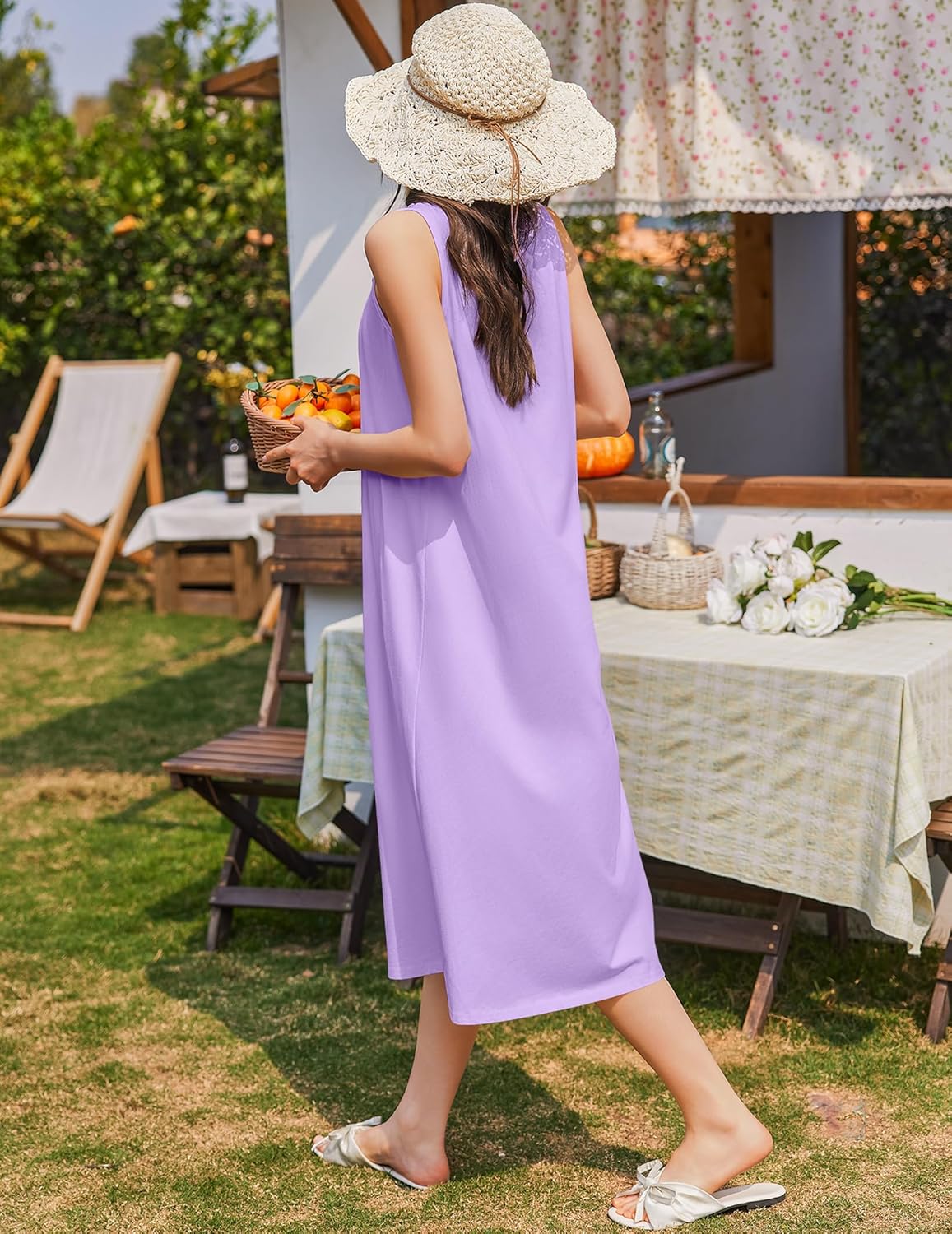 Lavender cotton long night gown, sleeveless, relaxed fit, midi length