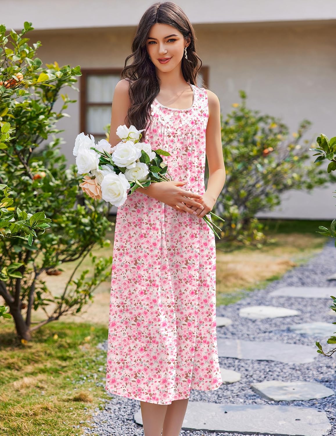 Cotton sleeveless nightgown with pink floral print, gathered skirt and button placket