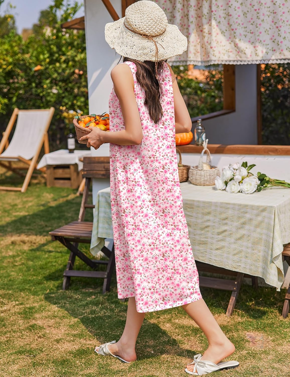 Cotton sleeveless sleep dress, pink floral print with button-front and long hem