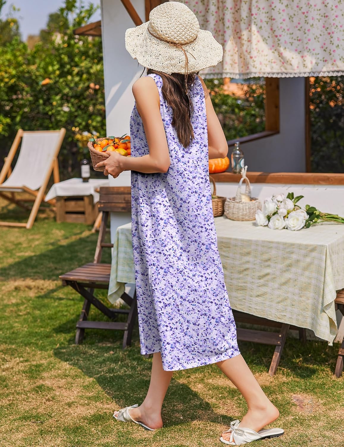 White cotton nightgown with purple floral print, sleeveless and front button closure