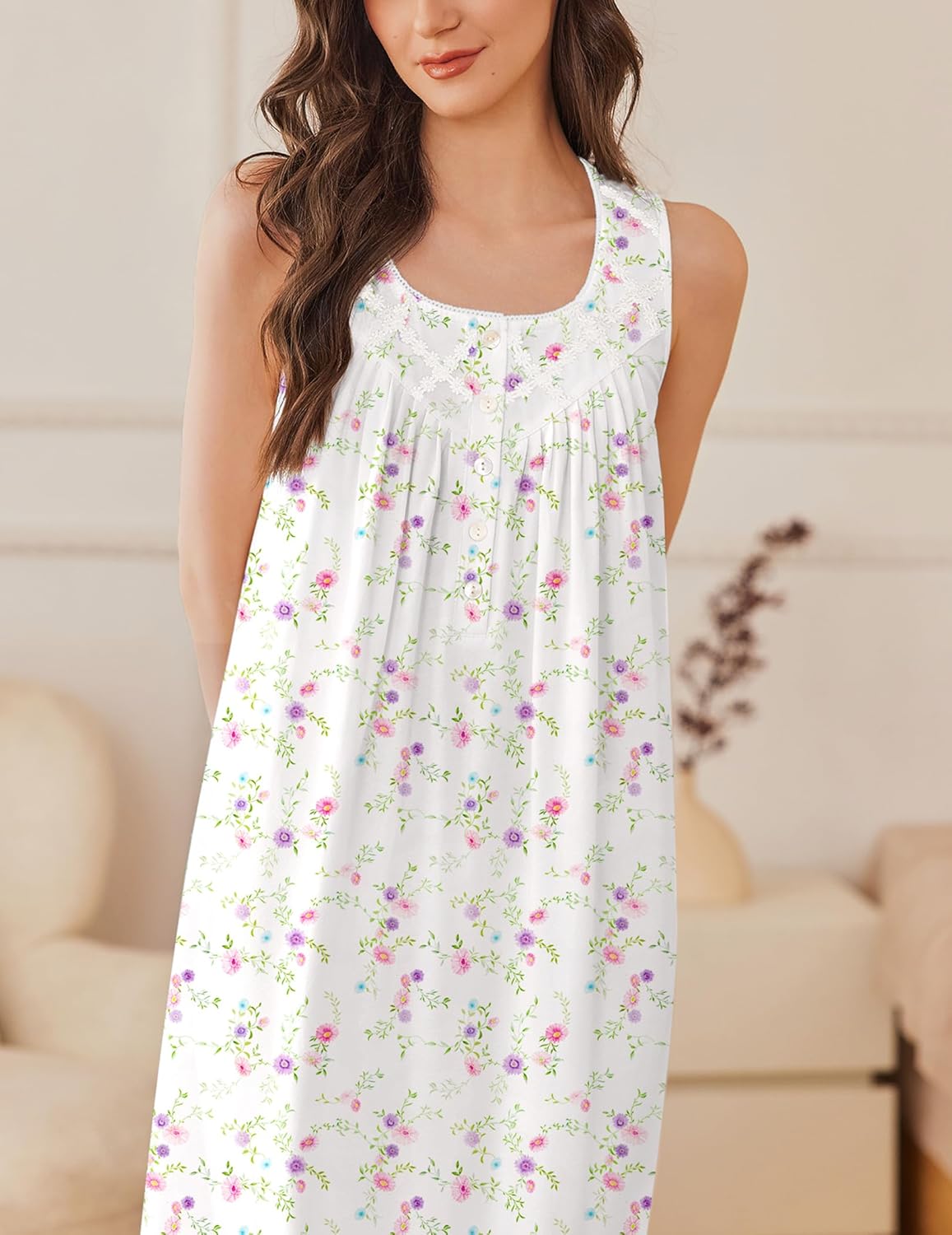 White sleeveless sleep dress with floral print, scoop neckline, gathered bust and buttons