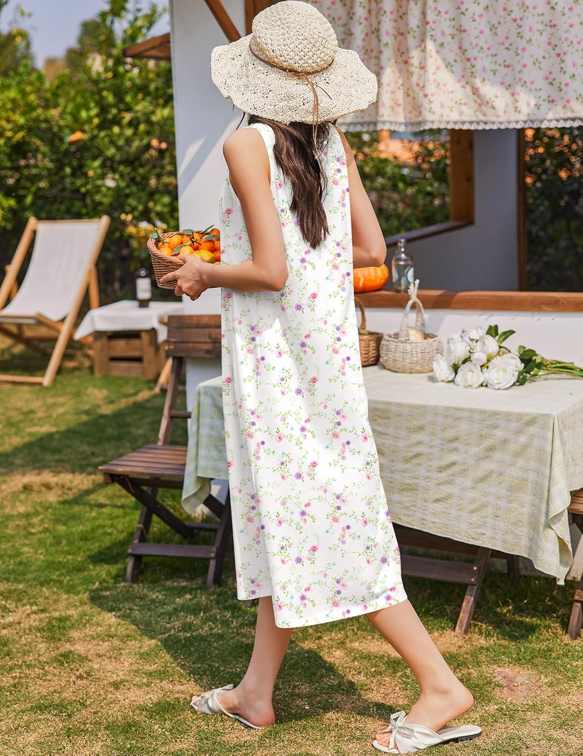White floral sleeveless sleep dress with round neckline and front buttons