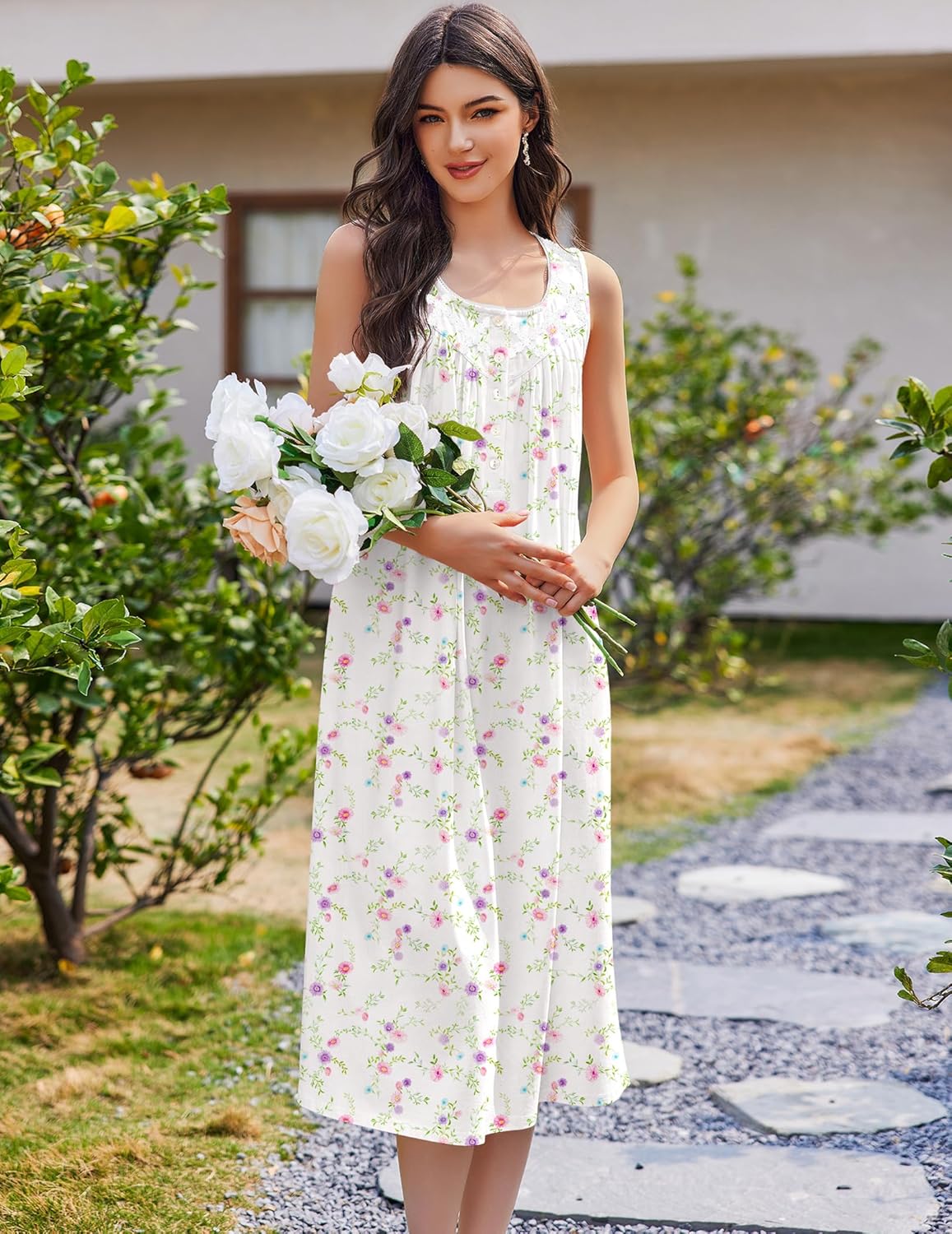 Cotton sleeveless long nightgown with white base and small floral print, button front