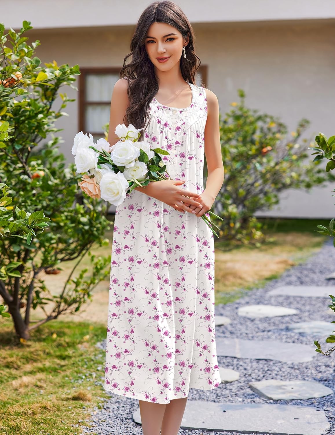 Ekouaer Cotton Long Sleeveless Sleep Dress White Pink Line Florals / 3XL