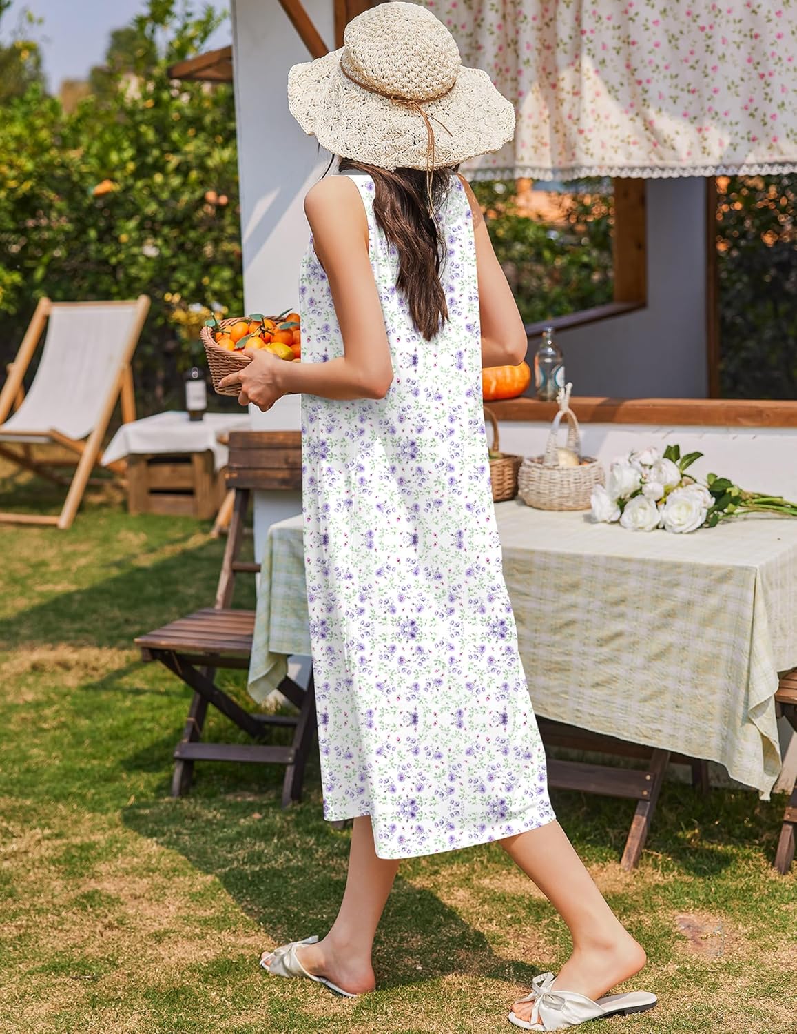 White purple floral sleeveless nightgown with straight hem, cotton midi length