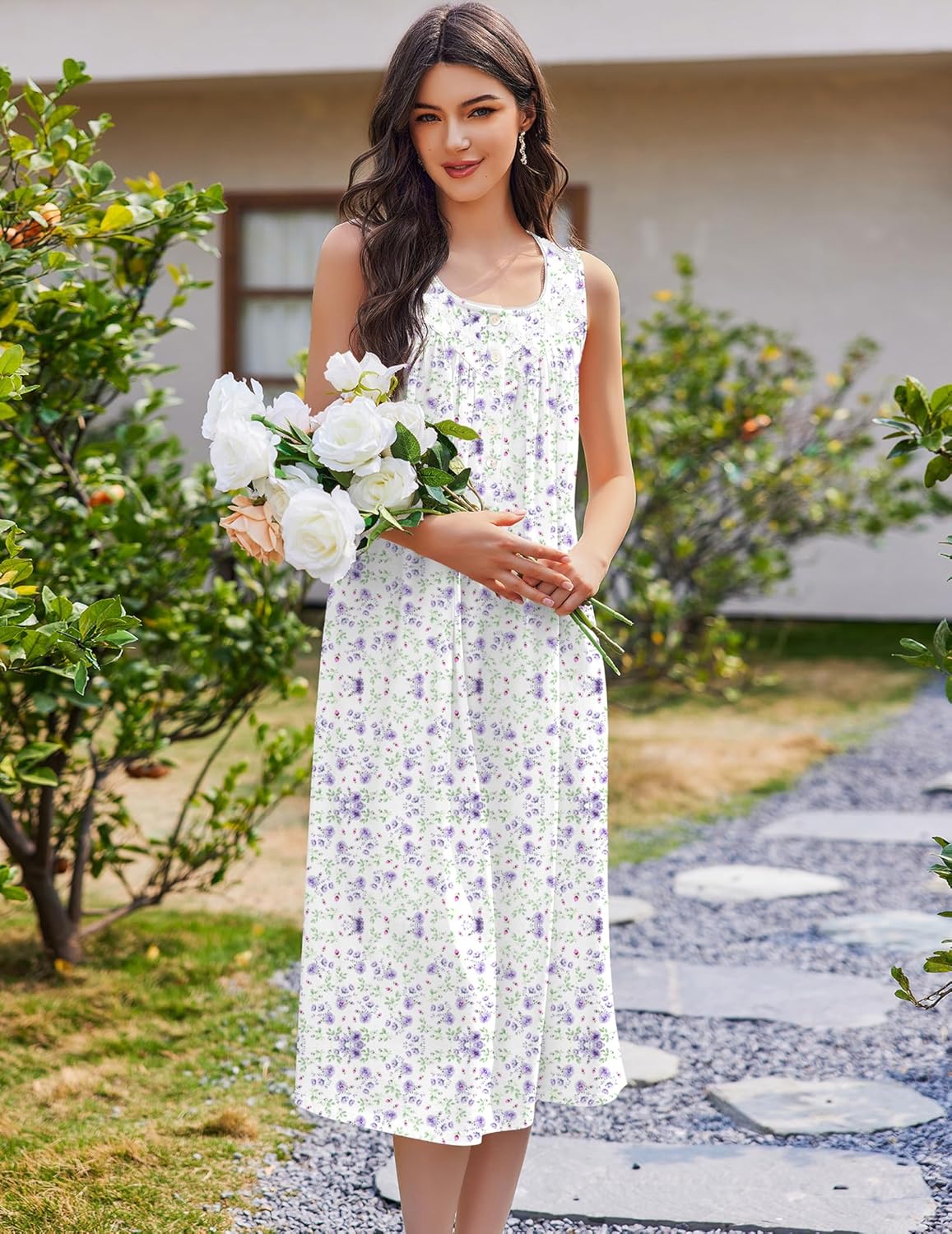 White cotton sleep dress, sleeveless with purple tiny floral, gathered neckline