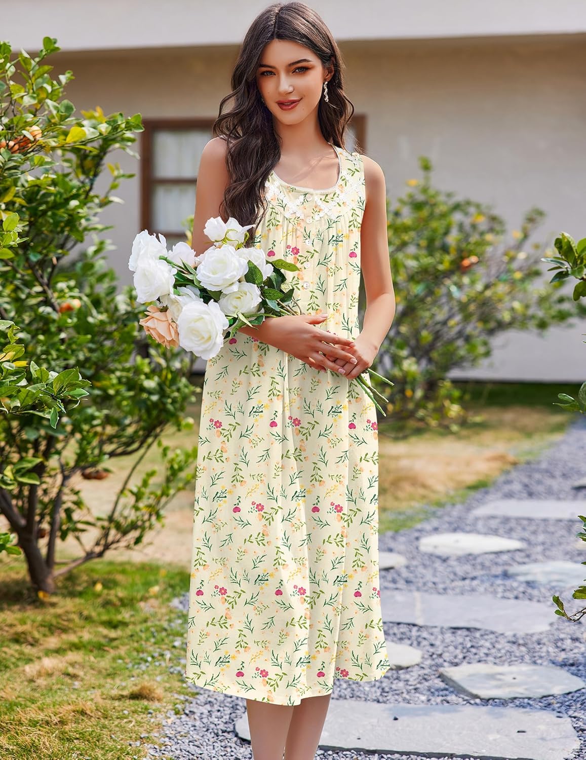 Cotton long sleeveless sleep dress with pale yellow-green leafy floral pattern