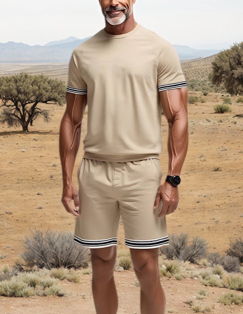 Khaki men’s cotton sweatshirt and shorts set with striped cuffs