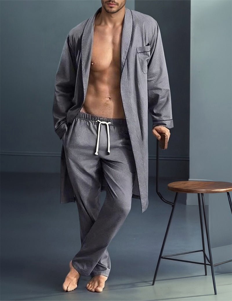 Men's cotton loungewear set in dark grey: open robe and drawstring pants