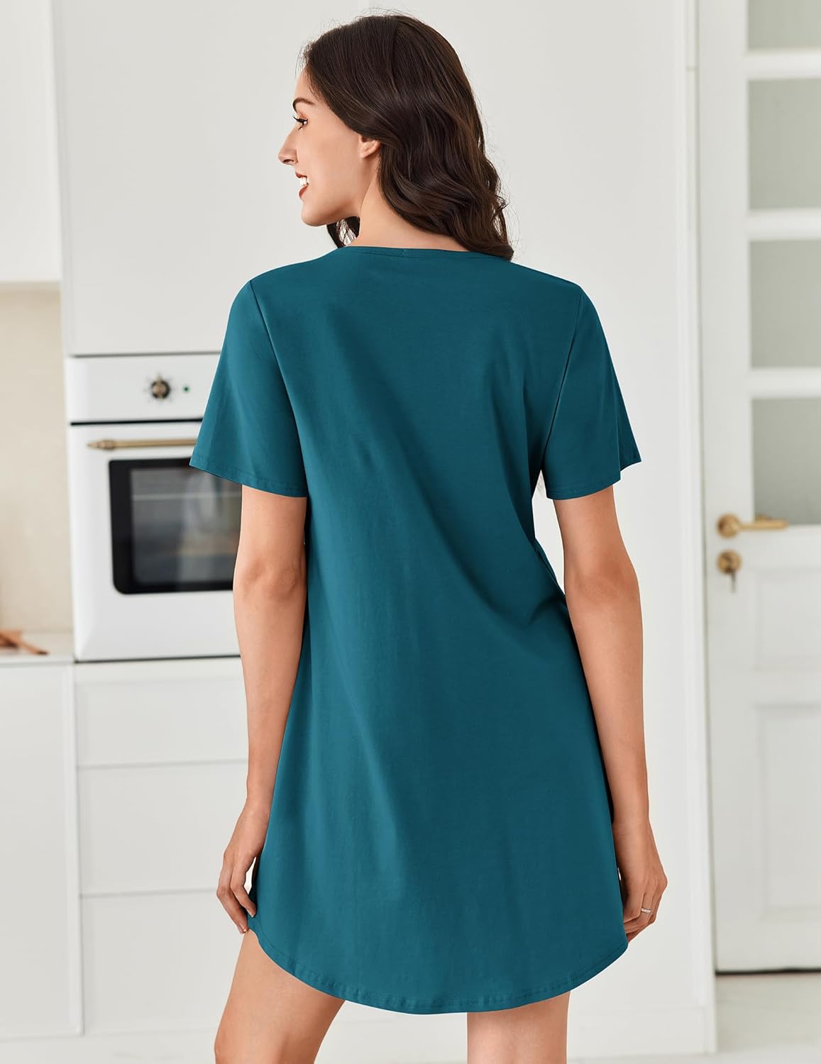 Back view of teal cotton nightgown with short sleeves and buttoned V-neck placket