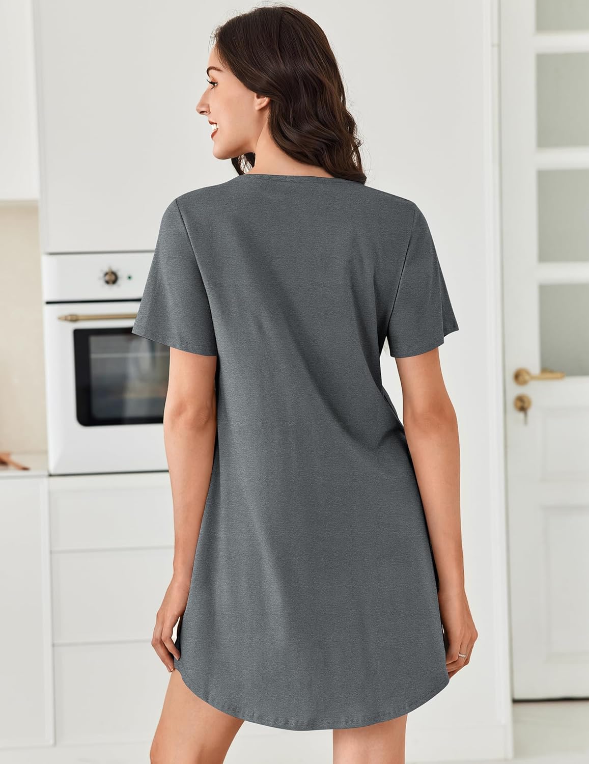 Back view of grey cotton nightgown with short sleeves and V-neck henley placket