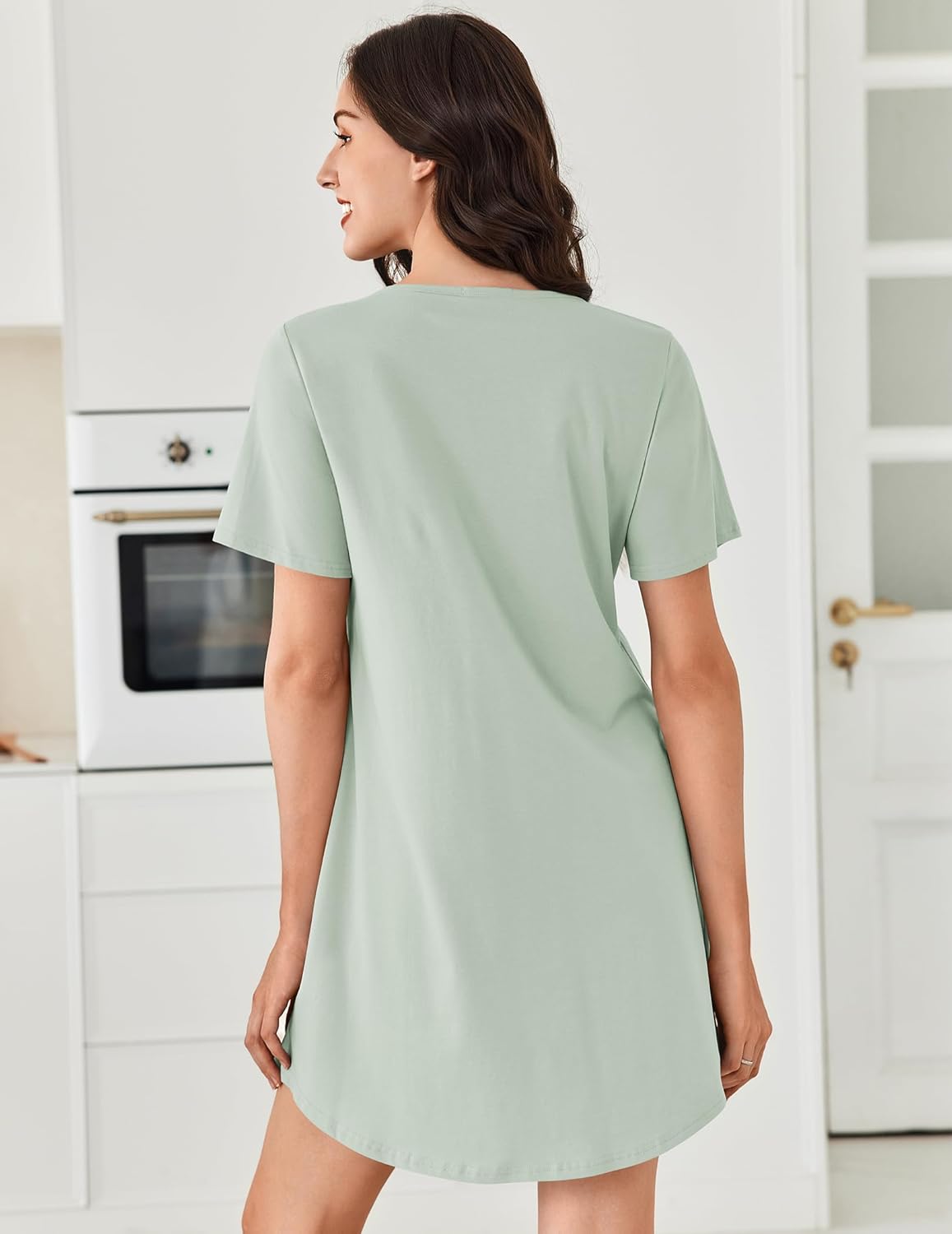 Cotton nightgown, back view, light green, short sleeves, loose swing hem