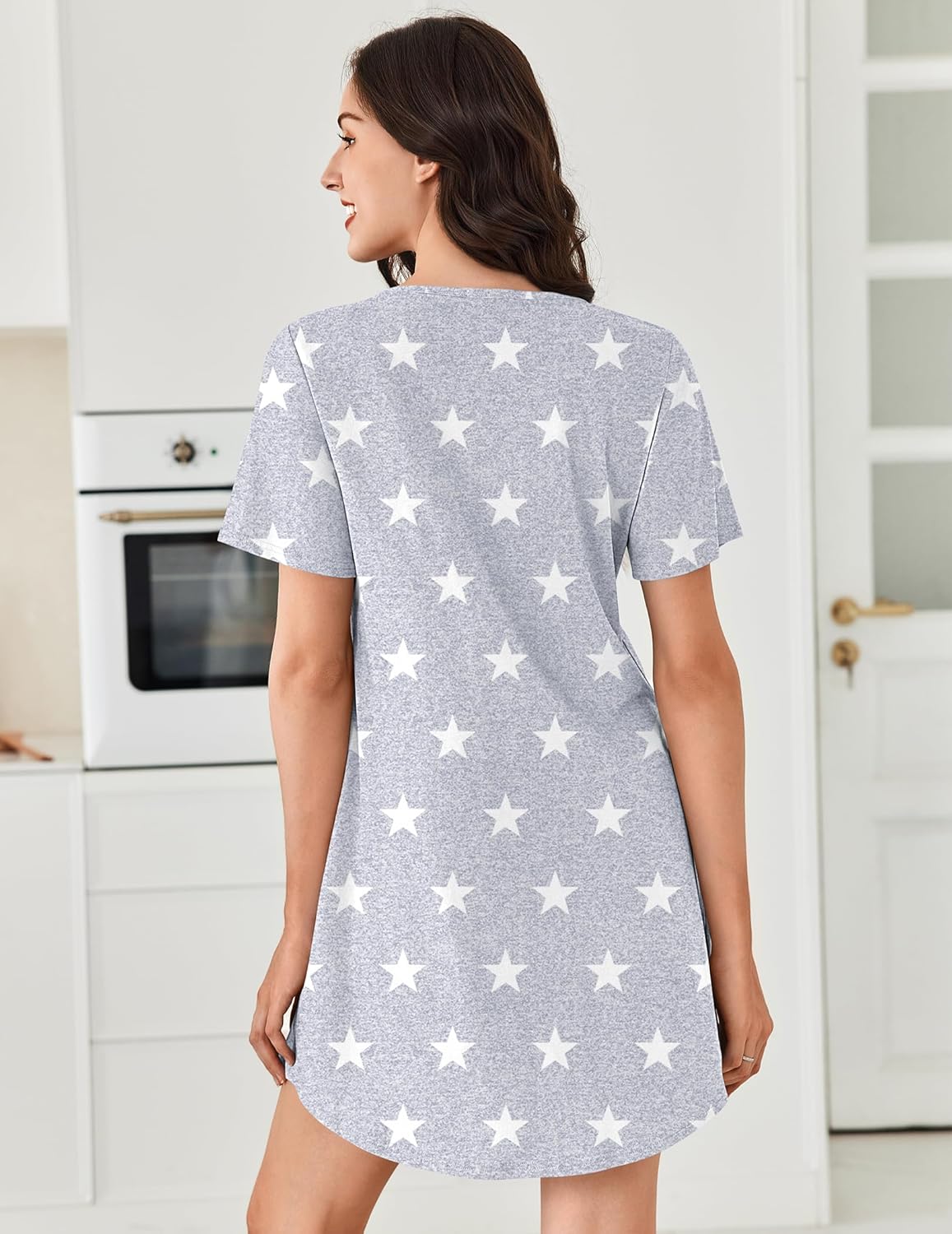Grey star print short-sleeve nightgown, V-neck henley, back view