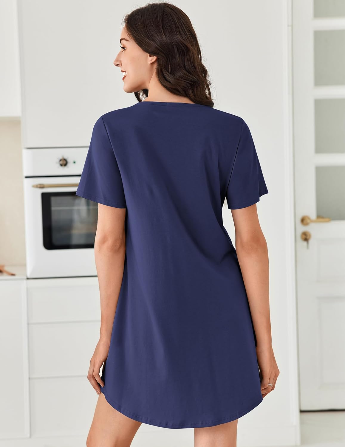 Navy short-sleeve nightgown, V-neck henley style, back view