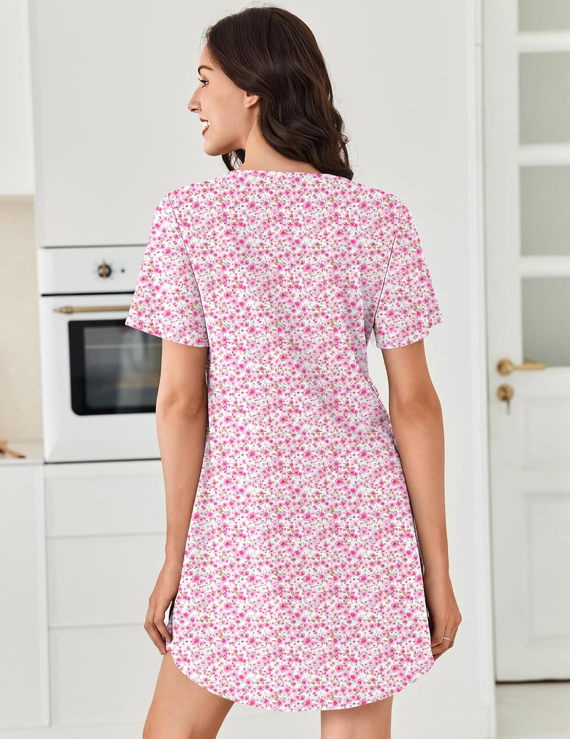 Cotton nightgown, back view, pink floral print, short sleeves, relaxed A-line fit