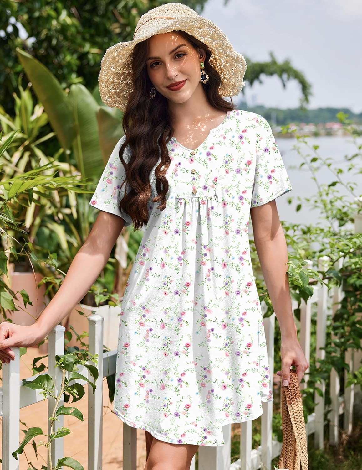 Ekouaer cotton nightgown, white with pink/purple floral print, V-neck pleated Henley