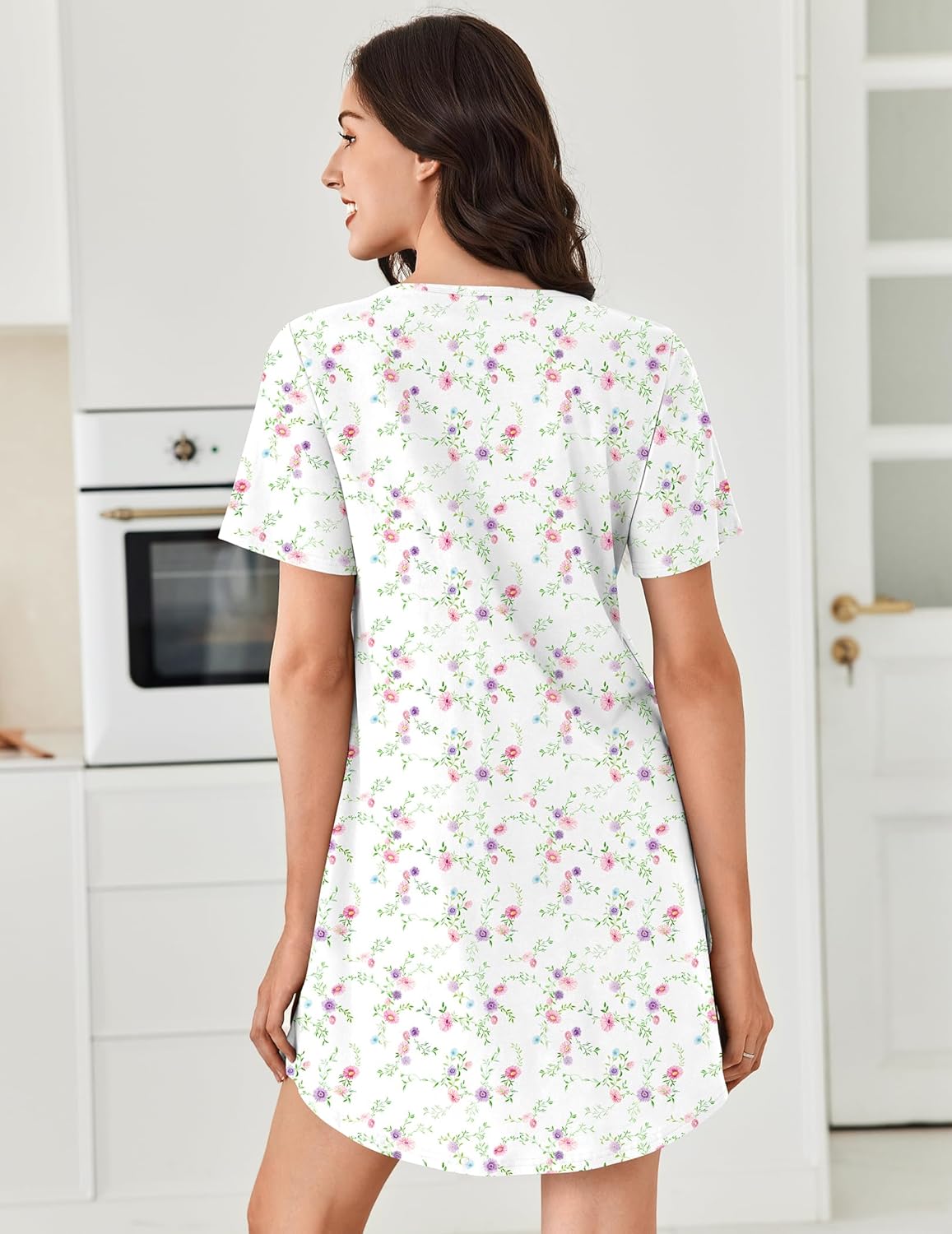 Cotton nightgown, back view, white floral print, short sleeves and pleated A-line hem