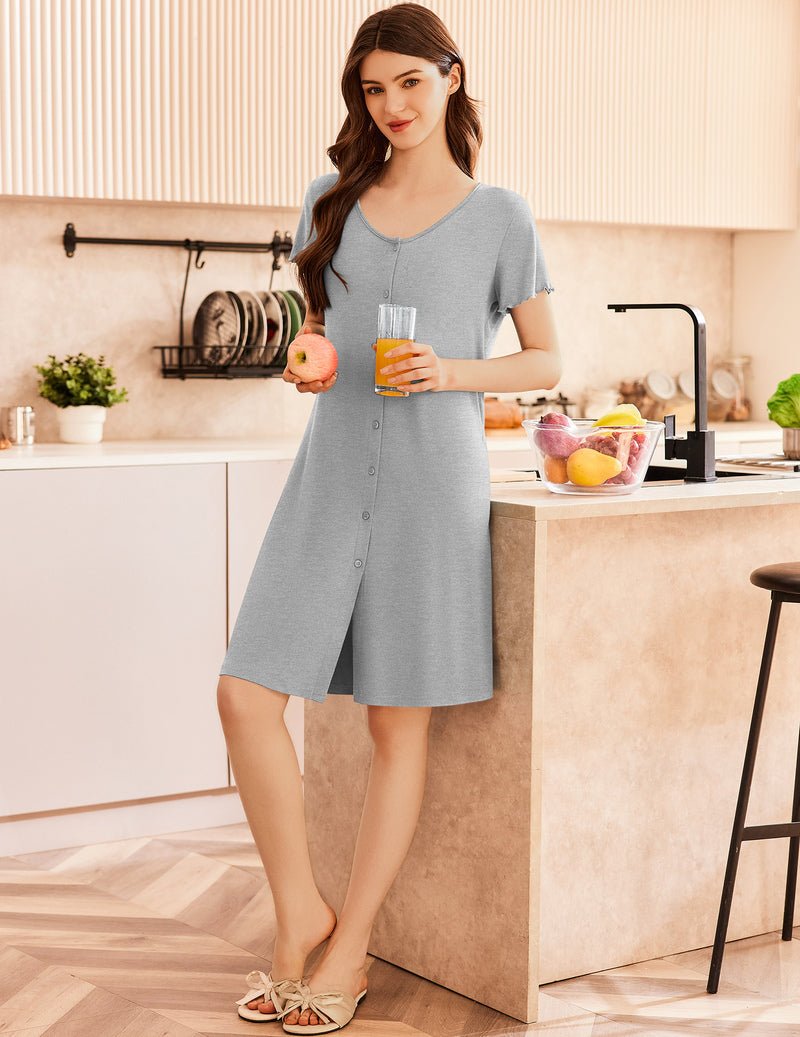 Cotton nightgown house dress in light grey, V-neck, button front, short sleeves, above-knee