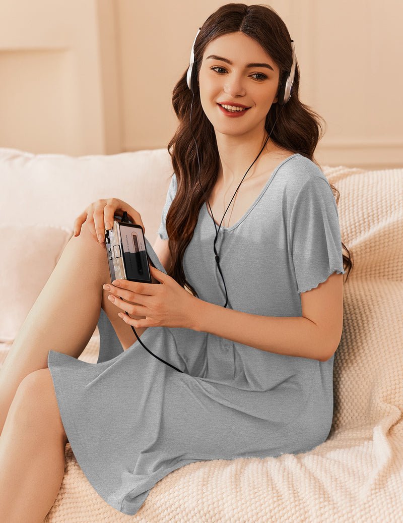Cotton nightgown house dress in light grey, V-neck, button front, short sleeves